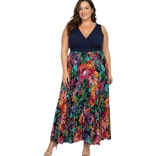 Xscape Dress 18W Navy Floral Maxi Pleated Skirt V-Neck Sleeveless NWT