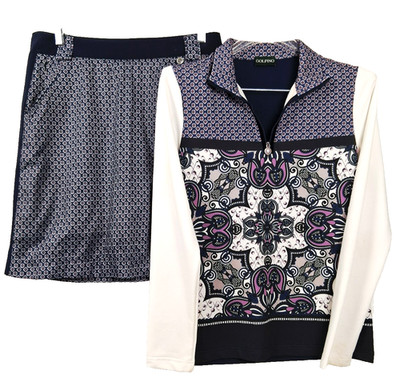 GOLFINO Floral Golf Outfit 2 pc Skirt Skort Shirt Womens 8 Set Black Purple Blue