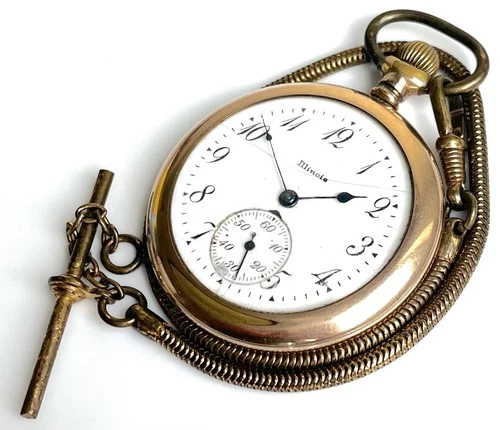 POCKET WATCH Antique signed 'Illinois' engraved monogram & Chain vintage Gold