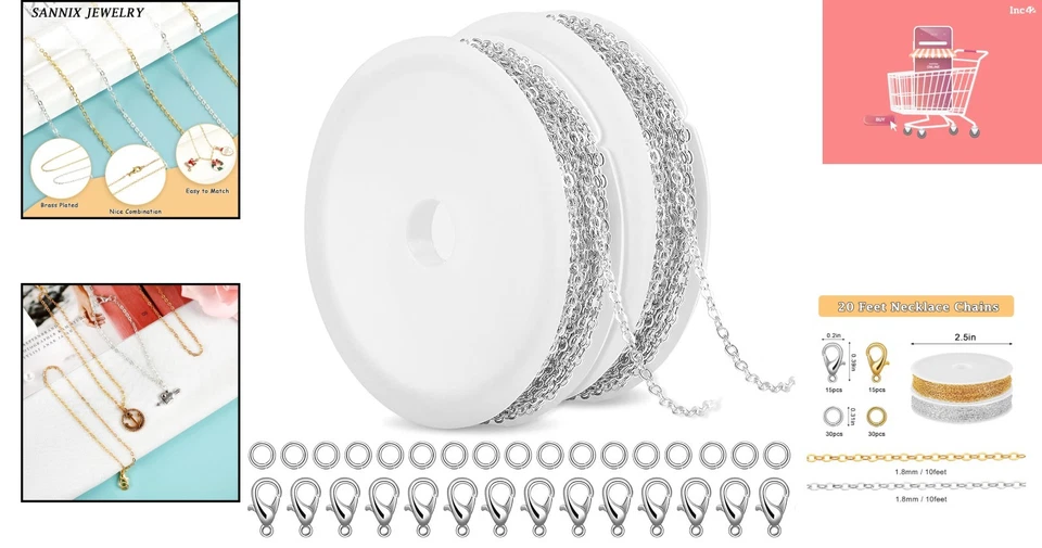 Kit para hacer collares de cadena de plata de 20 pies con cierres y anillos de salto - 1,8 mm Foto 2 de 4