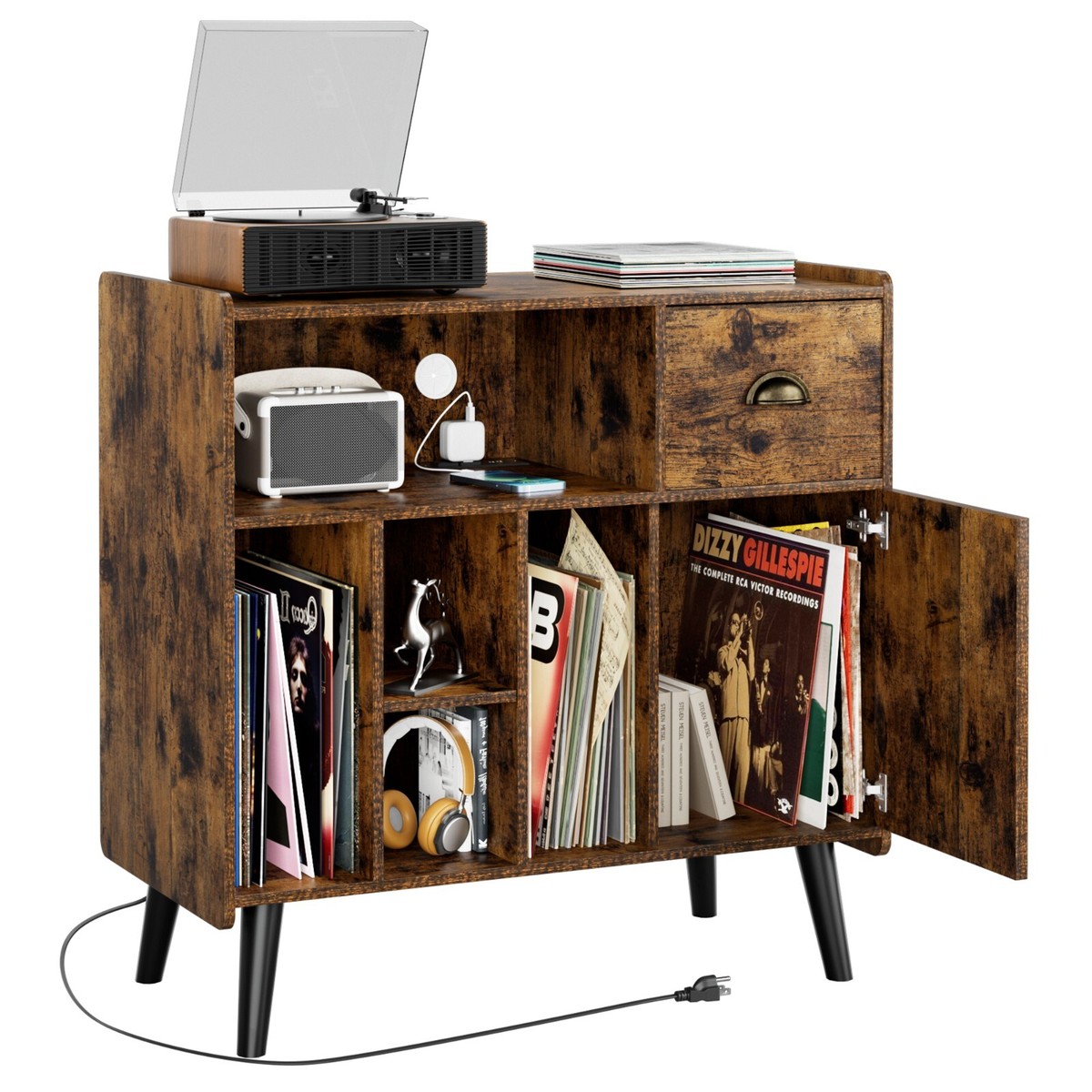 Large Record Player Stand with Power Outlets &Wooden Legs & Vinyl