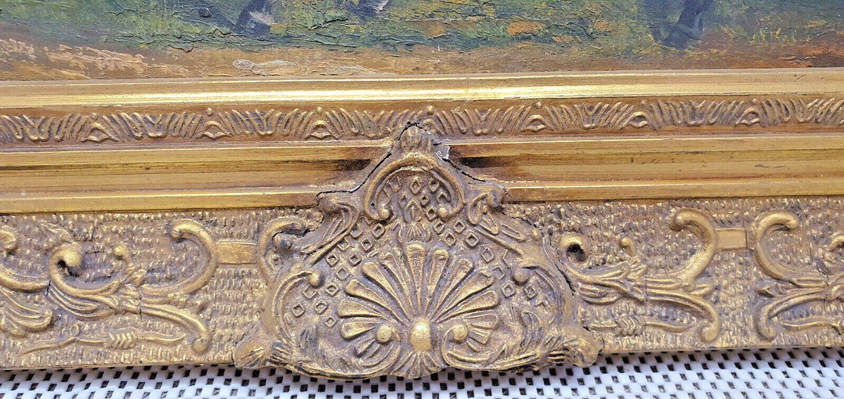 Peinture à L'huile Ancienne Sur Bois - Cadre Résine Signé G Roy - Scène De Chasse