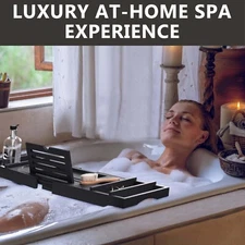 HBlife Foldable Bathtub Caddy Tray with Folding Slide-Out Arms - Expandable Bamb