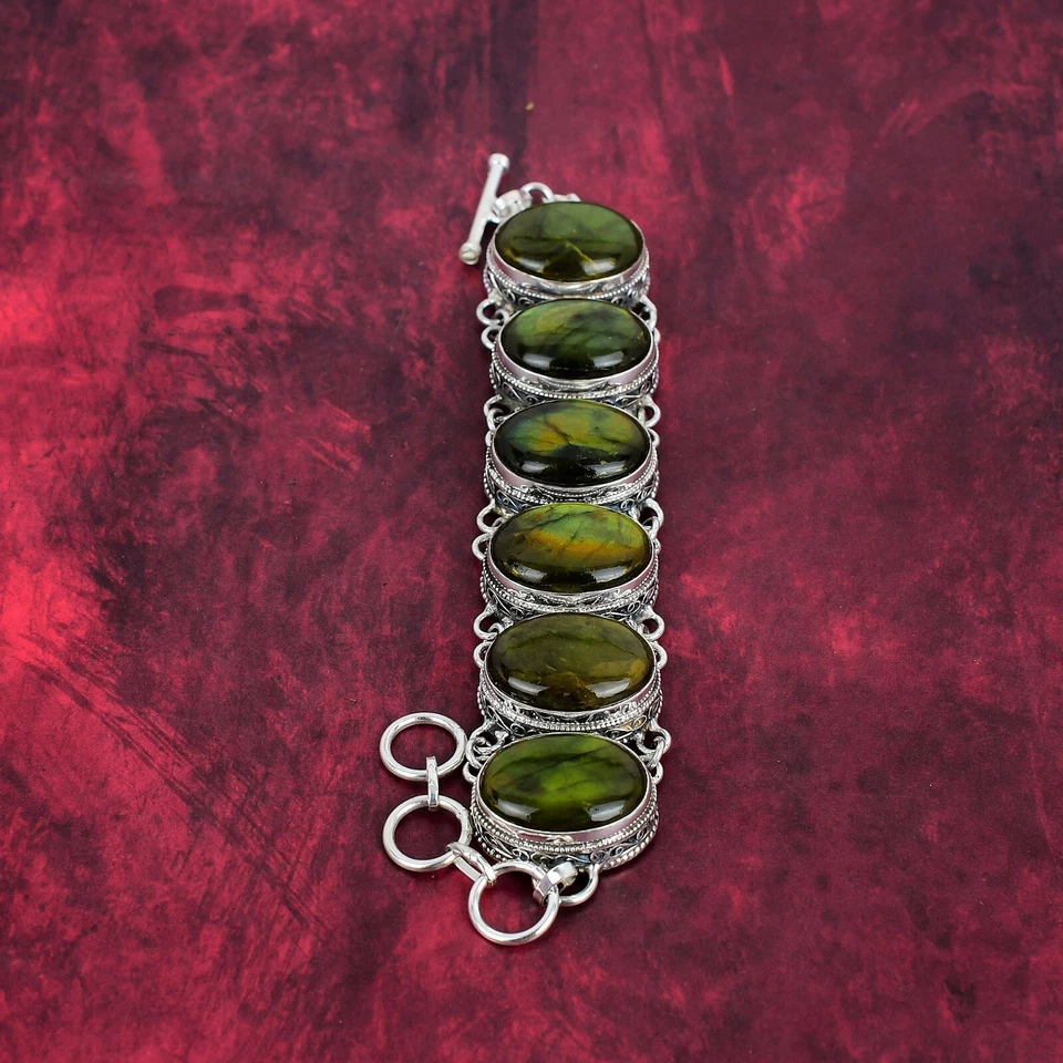 Green Flash Labradorite Gemstone Handmade 925 Sterling Silver Jewelry Bracelet - Image 4 of 4