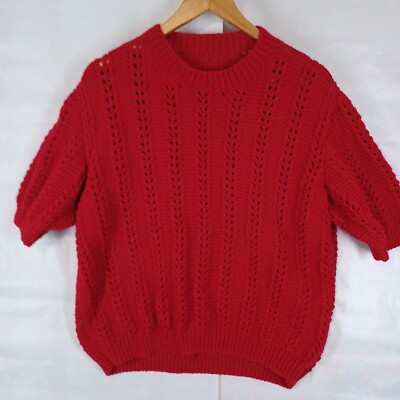 Handgestrickter Damen Kurzarm Rot Zopfmuster Pullover Rundhals Pulli Large.