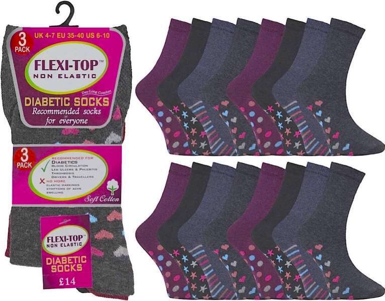 6 Pairs FlexiTop Ladies Diabetic Non Elastic Socks Loose Soft Top