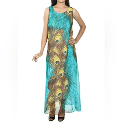 Peacock Feather Print Sleeveless Chiffon Flowy Maxidress | eBay