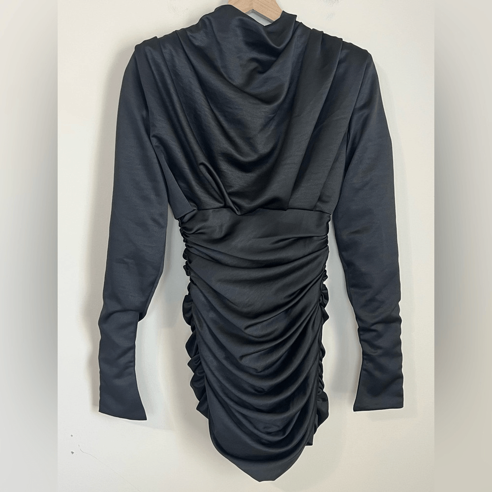 House of CB Giorgiana Black Satin Ruched Mini Dress Drape Black Size XS
