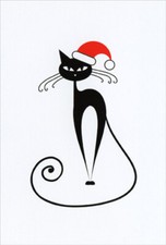 Thin Black Cat with Santa Hat Box of 12 Nobleworks Christmas Cards