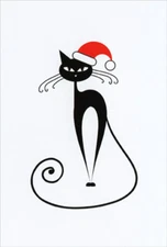 Thin Black Cat with Santa Hat Box of 12 Nobleworks Christmas Cards
