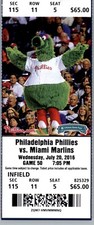 Miami Marlins vs Philadelphia Phillies 7/20/2016 Ticket Phillie Phanatic Mascot