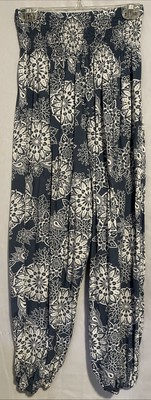Boho balloon harem pants elastic waist women's M blue/white lightweight tropical