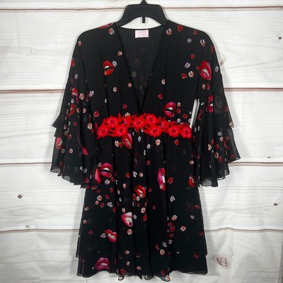 Giamba Paris Silk Dress Womens XXS Black Lips Ladybug Print Bell Sleeve Floral