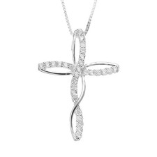 925 Sterling Silver Cubic Zirconia Twist Cross Pendant Necklace 18"