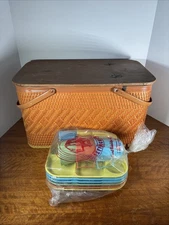 Vintage 1950s Redmon Picnic Basket Red Diamond Pattern Colonial Plastic Dish Set