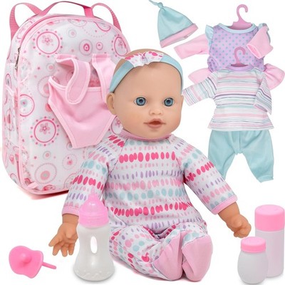 Soft Body Baby Doll with Clothes in Take Along Backpack Carrier, 12'' Baby Doll