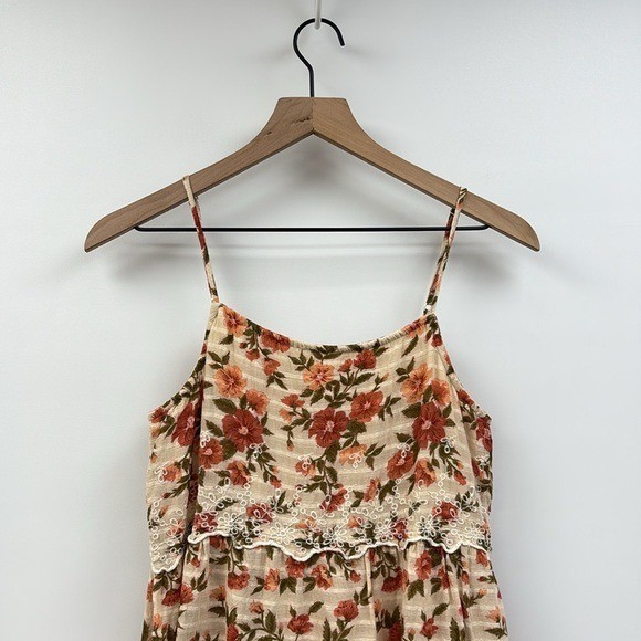American Eagle Autumn Floral Embroidered Tiered Swing Mini Dress Beige Small