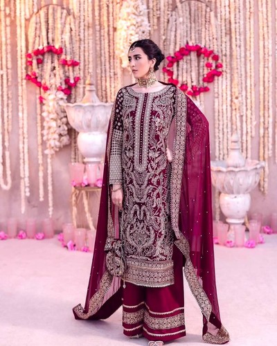 Women maroon georgette chain stitch embroidered sequence beads work salwar suit