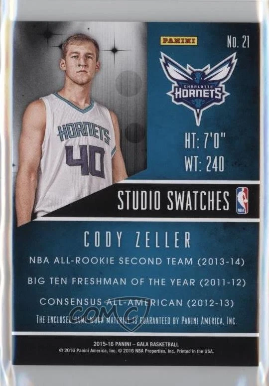 2015-16 Panini Gala Studio Swatches Prime /25 Cody Zeller #21 - Image 2 of 2