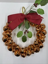 Copper Color Sleigh Jingle Bell 7" Wreath Christmas Decoration Red Bow