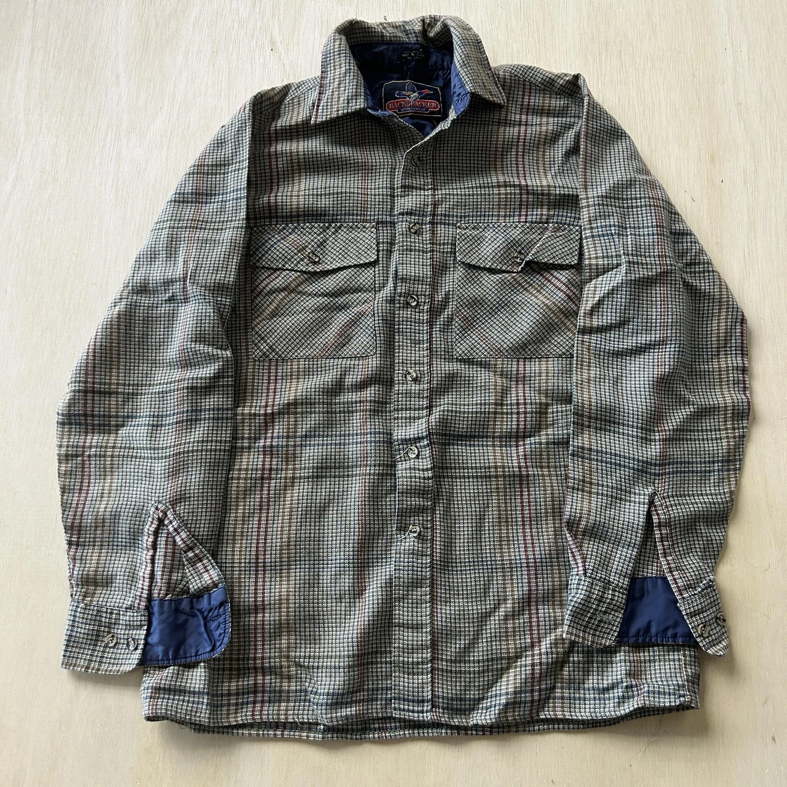 Vintage Back-Packer Jacket Mens Medium Beige Plaid Quilted Lined Flannel Outdoor