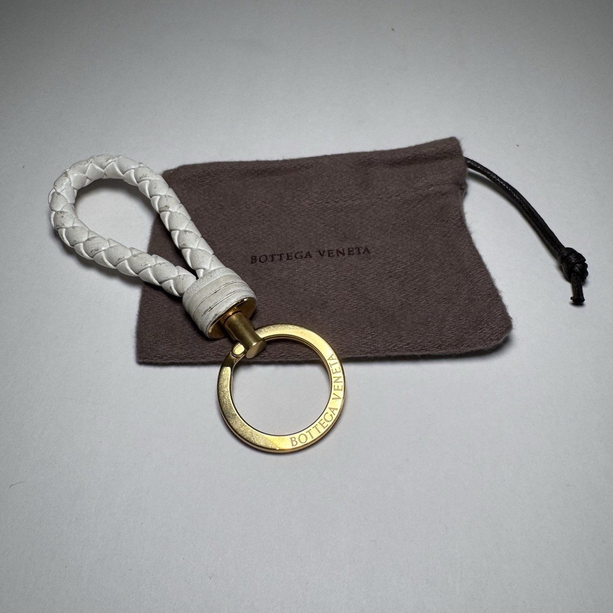 Bottega Veneta Intrecciato Leather Key Ring Key Chain Charm White