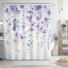 Purple Floral Shower Curtain for Bathroom, Watercolor Lavender Wisteria Flowe...