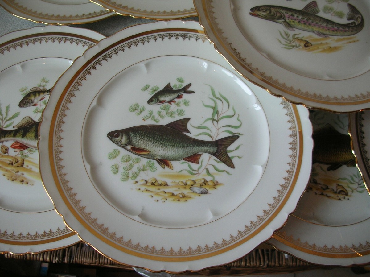 Assiettes à Poisson Et Service En Porcelaine Moderne Du Milieu Du Siècle Dernier De Limoges France