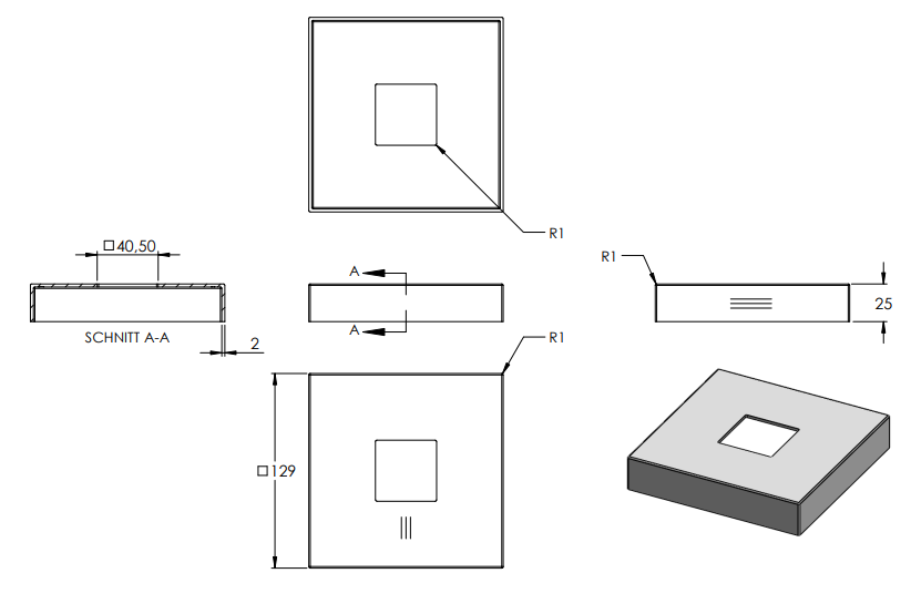 Abdeckrosette Quadratisch Edelstahl V4A | 72x72x20 Mm | Geschliffene Oberfläche