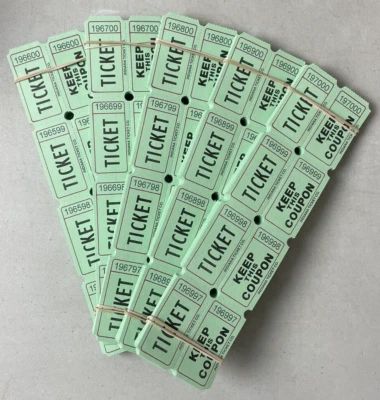 INDIANA TICKET COMPNAY Green Raffle Tickets Package of 500 Folded Flat Double Stub Split The Pot 50/50