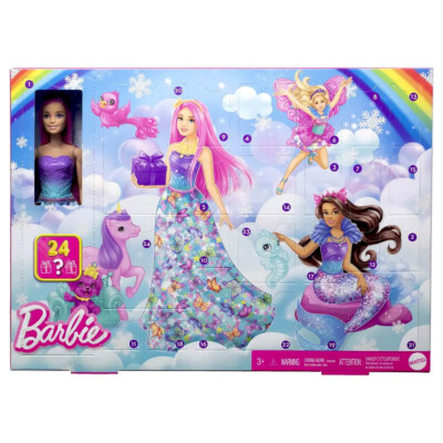 Barbie Advt Caldar with doll and 24 surprise accessories, including a unicorn and animal frids, fashion doll that can transform into a mermaid, fairy and more - JFL66 BarbiePedia
