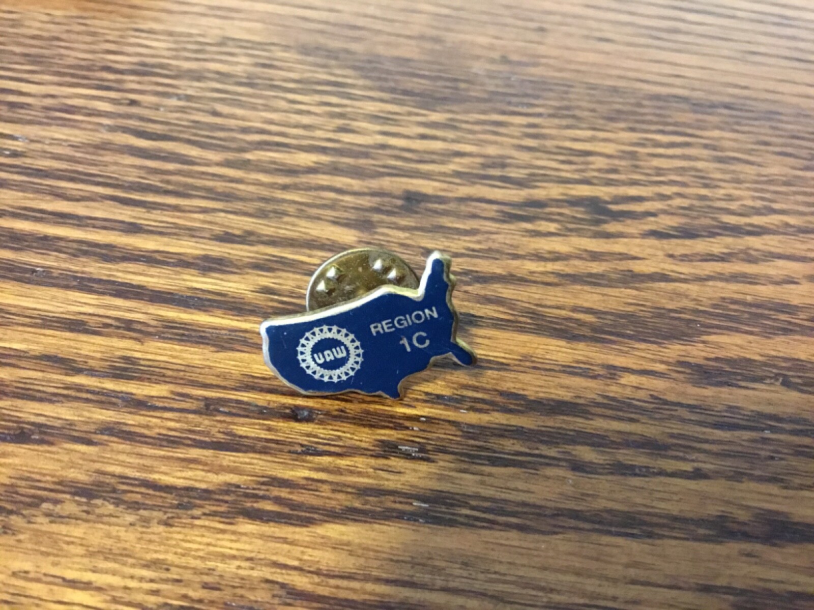 Vintage Gold Tone Blue Enamel UAW Region 1C United States Shape Pin Stamp On