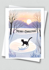 Set of 20 handmade Merry Christmas cards with a black cat and a snow scene