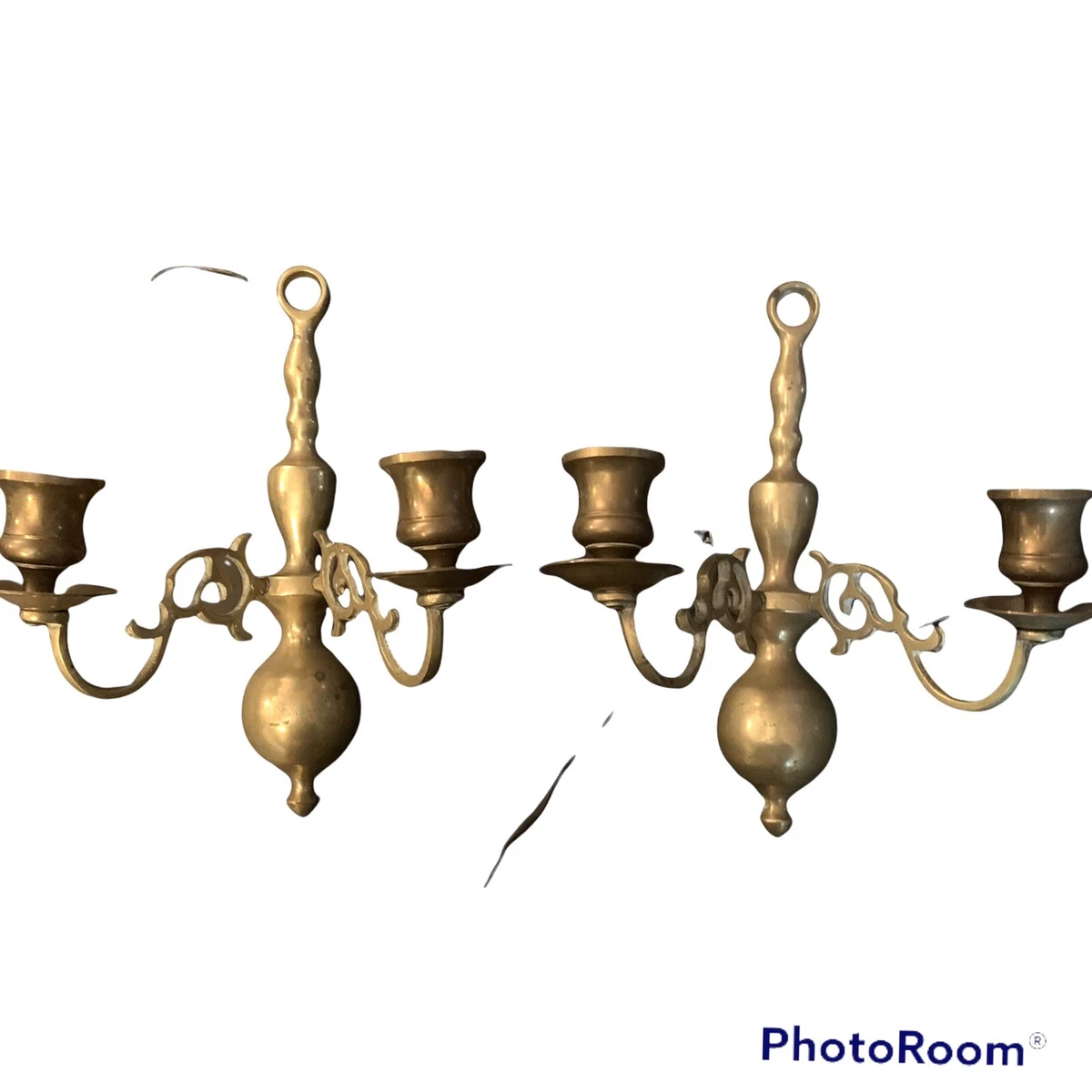Set of 2 Vtg Solid Brass Wall Sconce Double Candle Holders 9x8x5