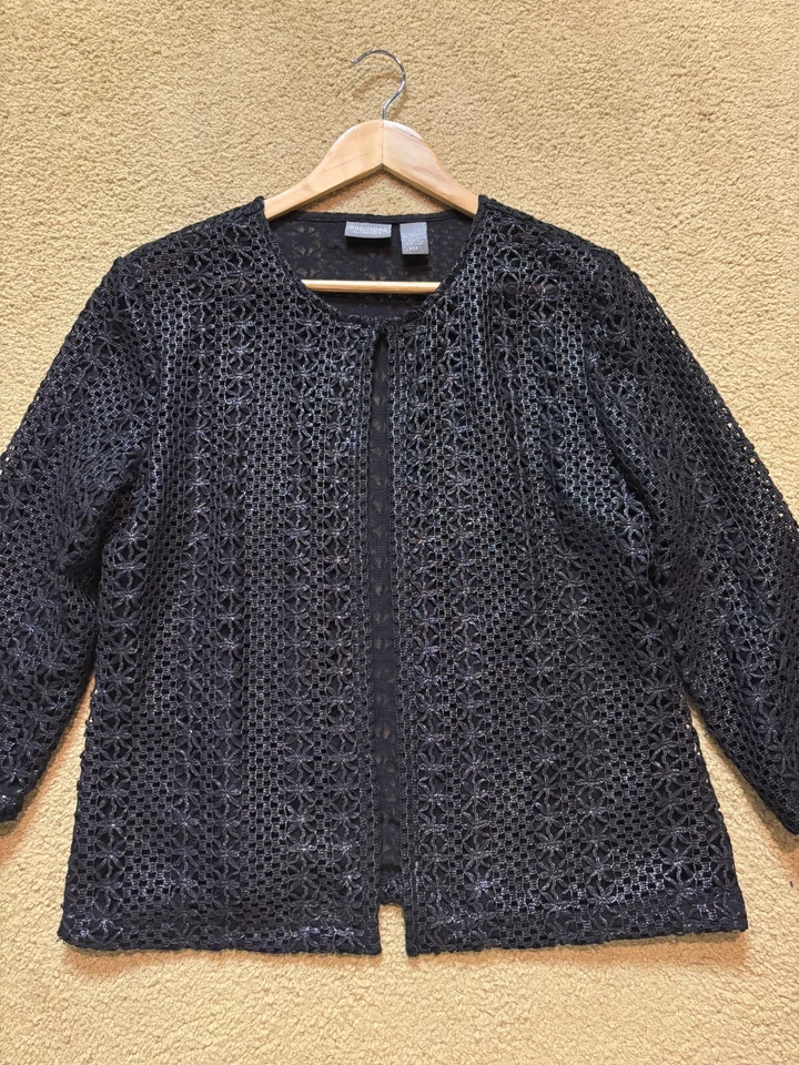 Chaqueta Cárdigan Chico's Negro Tejido Abierto Plateado Transparente Metálico Crochet 1, M 8 Foto 2 de 4