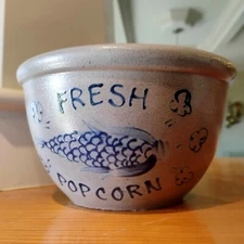 Rowe Pottery Stoneware Fresh Popcorn Bowl Blue Beige Salt Glaze - READ