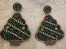 CHRISTMAS TREE EARRINGS Hand beaded on material & stitched on felt LASTS FOREVER