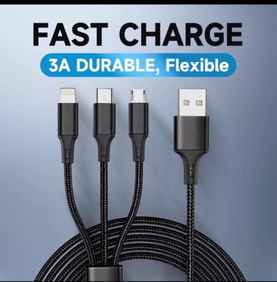 3 in 1 Fast USB Charging Cable Universal Multi Function Cell Phone Charger Cord
