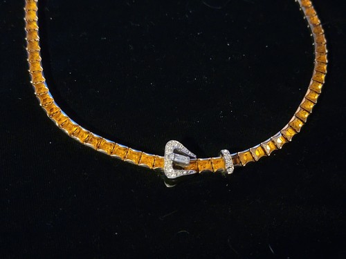 Art Deco Glass Rhinestone Flexible Gold Tone Buckle Necklace Bracelet Earrings - Picture 5 of 24