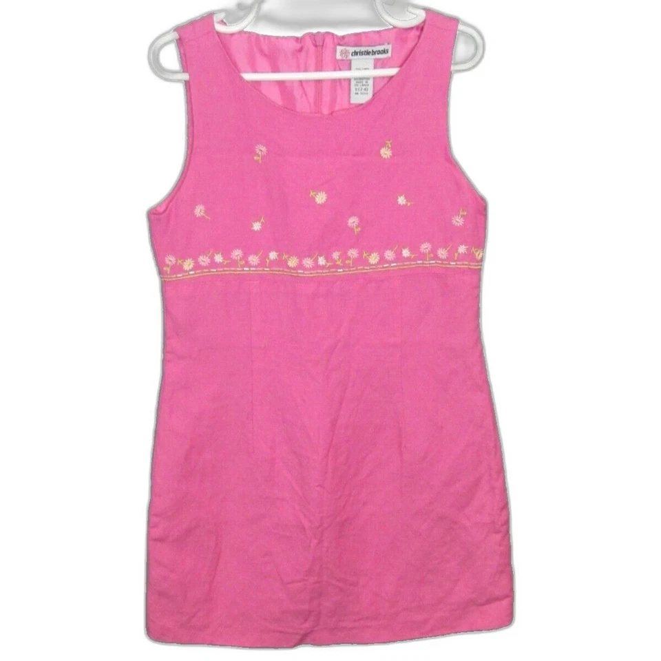 Christie Brooks Girls Small 7-8 Pink Sleeveless Floral Beaded Dress Y2K Daisies - Image 2 of 4