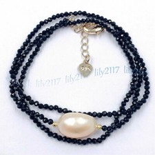 Faceted 3mm Black Spinel 11-12mm Natural White Baroque Pearl Pendant Necklace 18