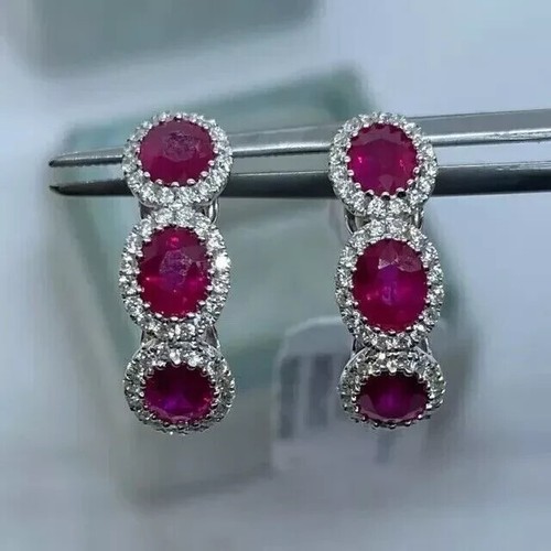 Lab Created Red Ruby 2.10Ct Oval Cut Huggie Hoop Earrings 14K White Gold Plated - Picture 6 of 6