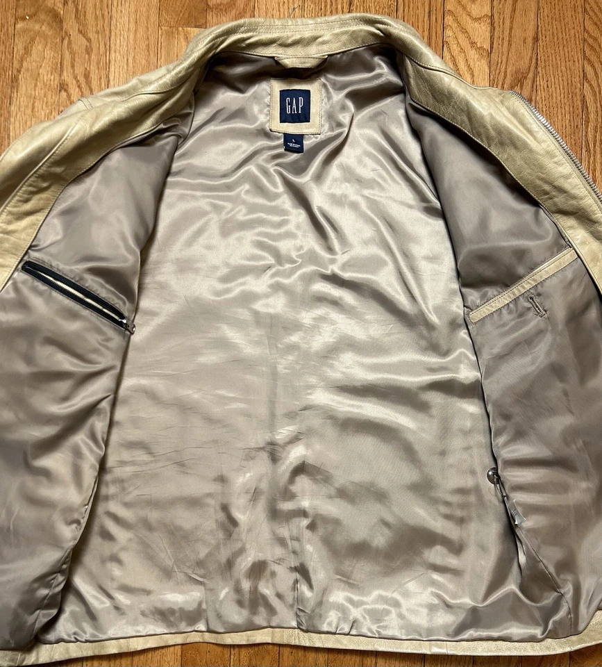 Chaqueta De Colección Años 90’s Y2K GAP Cuero Marfil Moto Café Corredor Motocicleta Hombre’s Grande Foto 3 de 4
