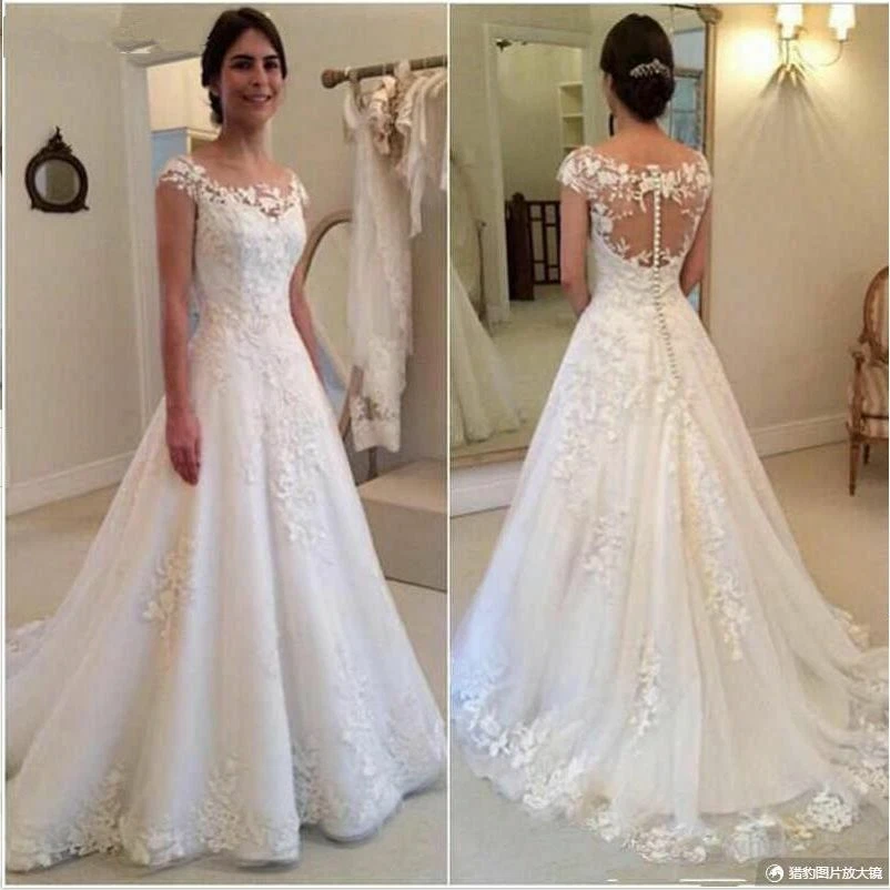 Elegant Wedding Dresses Scoop Neck Sweep Train Lace Applqiues Bridal Gowns - Image 3 of 4