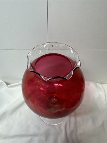 Vintage Cranberry Carnival Glass Ruffle Top Rose Bowl Vase Clear Pedestal Base - Picture 5 of 10