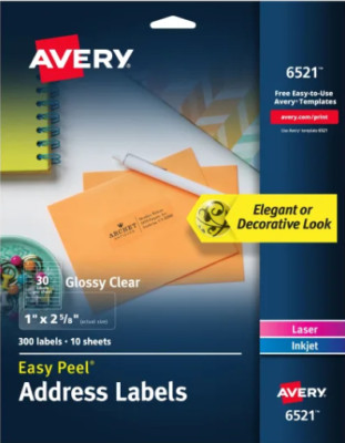 Avery 6521 Mailing Labels Address 1''x2-5/8'' 300/PK Glossy Clear