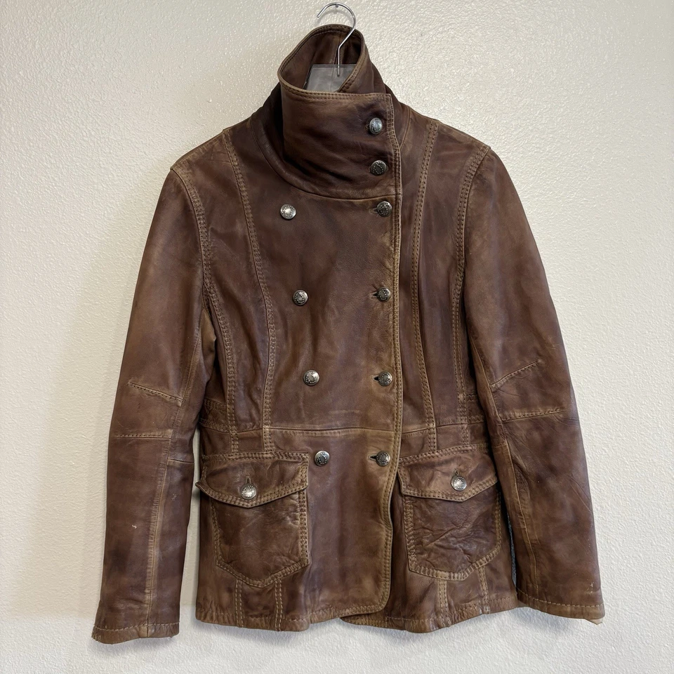 Chaqueta TRUE RELIGION Y2K Doble Pecho Cuero Marrón Genuino Envejecido Talla L Foto 3 de 4