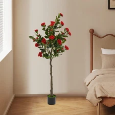 59" Red Artificial Camellia Tree Fake Camellia Plant In Black Pot Indoor Decor