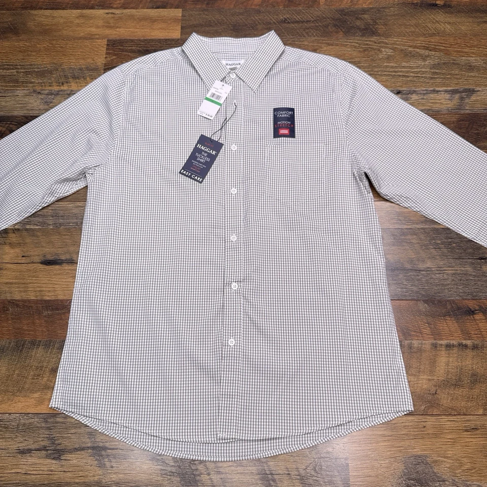 Camisa Haggar Tuckless Para Hombres Grande Mercurio Cuadros Abotonada Calce Ajustado Nueva Foto 3 de 4