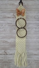 Vintage Ivory Color Macrame Towel Holder Hanger w Ceramic Butterfly BOHO Retro